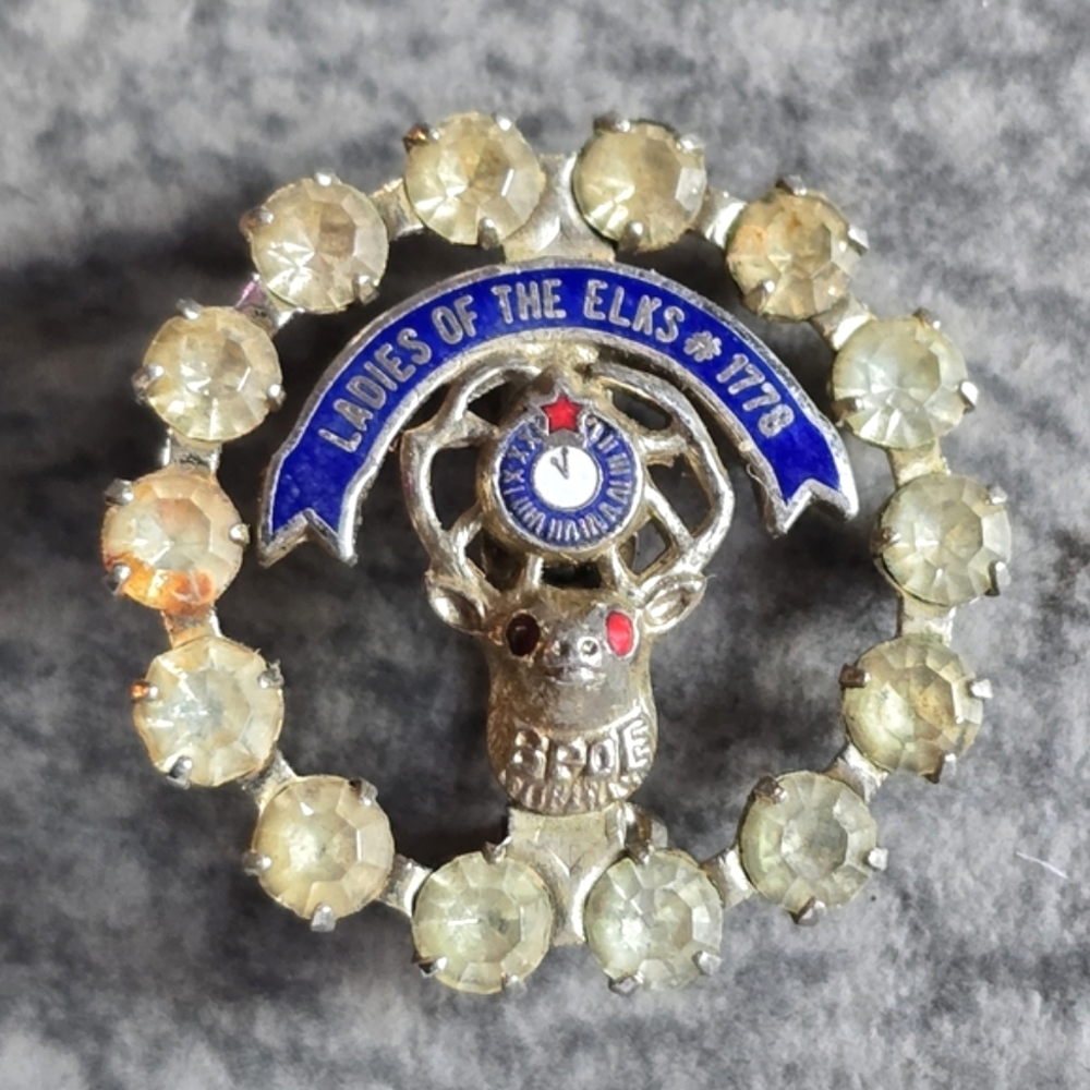 Vintage Elks pin brooch Ladies of the Elks #1778 circle gold tone rhinestone